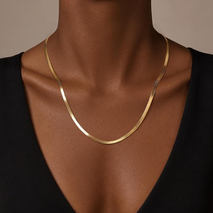 WomenGifts 14K Gold Silver Plated Herringbone Necklace for Women, Dainty Snake Chain Choker, Trendy Simple Long Layered Jewelry Non Tarnish, 3/4/5/8mm,14,16,18,20,22,24,26 Inch Thin & Chunky Options