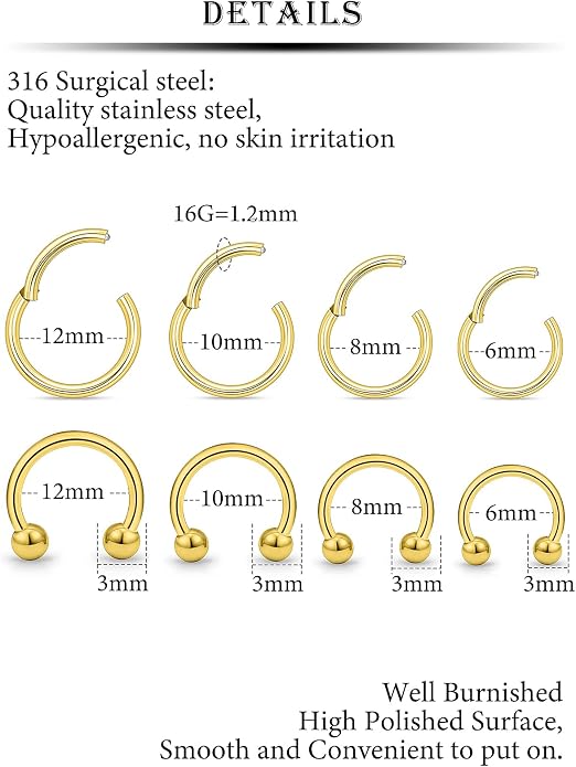 20G 18G 16G 14G 12G 10G Hypoallergenic Nose Rings Hoops for Men Women 316L Surgical Steel Hinged Nose Rings for Nostril Septum Cartilage Helix Daith Tragus Rook Conch Lip Ear Lobe Piercing