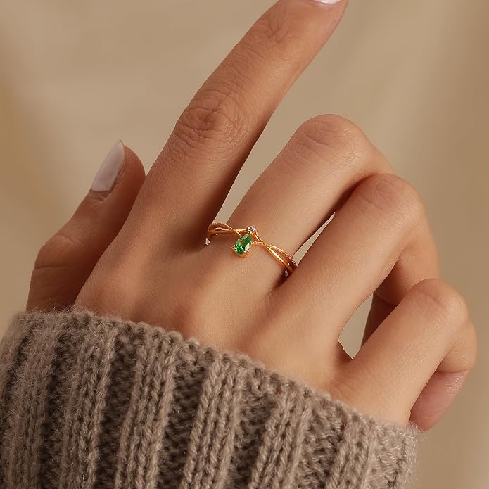 925 Sterling Silver Birthstone Ring for Women Non Tarnish Stackable Ring 14K Gold Plated Pear Teardrop Green Cubic Zirconia Crown V Engagement Promise Rings Wedding Graduation Jewelry Gifts