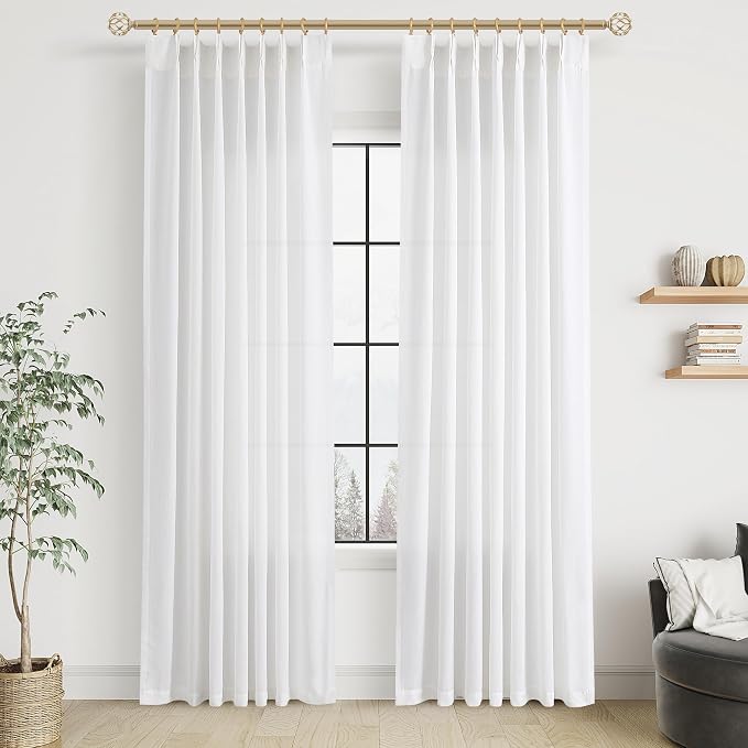 White Linen Curtains 84 Inches Long for Living Room Pinch Pleat with Hooks for Track System Back Tab Cotton Textured Drape Light Filtering Semi Sheer Off White Bedroom Window Curtain 84 Inch Length