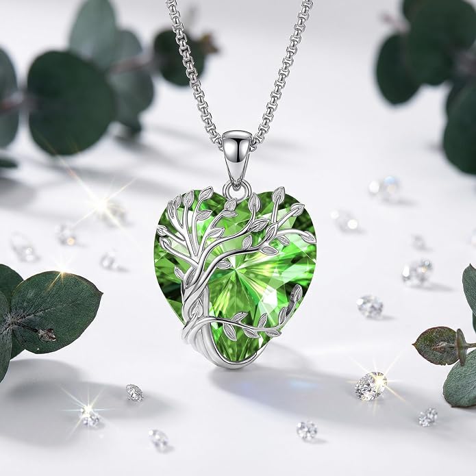Eusense Tree of Life Necklace for Women White Gold Plated Copper Moonstone/Turquoise/Black Onyx/Crystal Birthstone Pendant Jewelry Gifts for Women Men