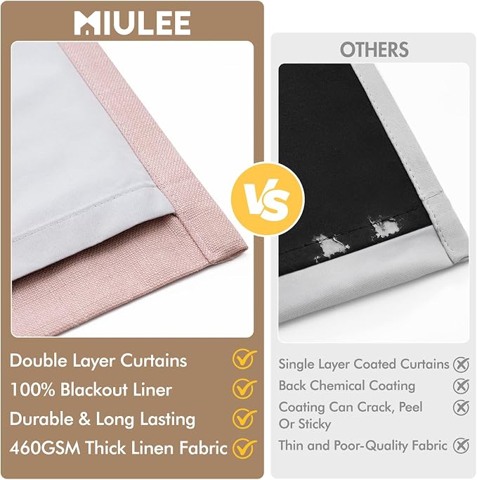 MIULEE Pinch Pleated 100% Blackout Curtains 40"x84" Light Pink 4 Panels Set | Thick Linen, Memory Trained Pleat, Back Tab Double Layer Drapes, Thermal Insulated, Curtain for Bedroom Living Room Darkening