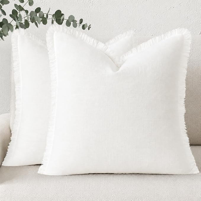 decorUhome Linen Fringe Cream White Throw Pillow Covers 24x24 Set of 2 | Euro Sham Decorative Soft Accent Modern Boho Farmhouse Cushion Covers with Tassels Cotton Pillow Covers for Couch Bed Sofa