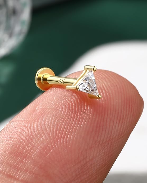COCHARM 14K Real Gold Helix Cartilage Conch Earring, 16g Flat Back Triangle Tragus Piercing Jewelry, Solid Gold Lip Ring Stud, Yellow Gold Labret Jewelry