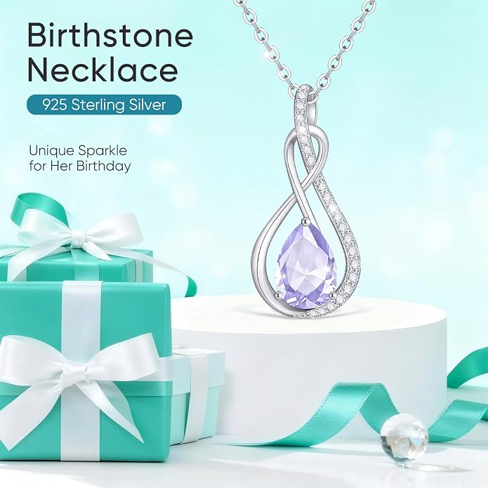 Birthstone Necklaces for Women Mothers - 925 Sterling Silver Dainty Infinity Cubic Zirconia Pendant Necklace Anniversary Birthday Christmas Gifts for Her Wife Mom Lady Daughter, Adjustable Chain