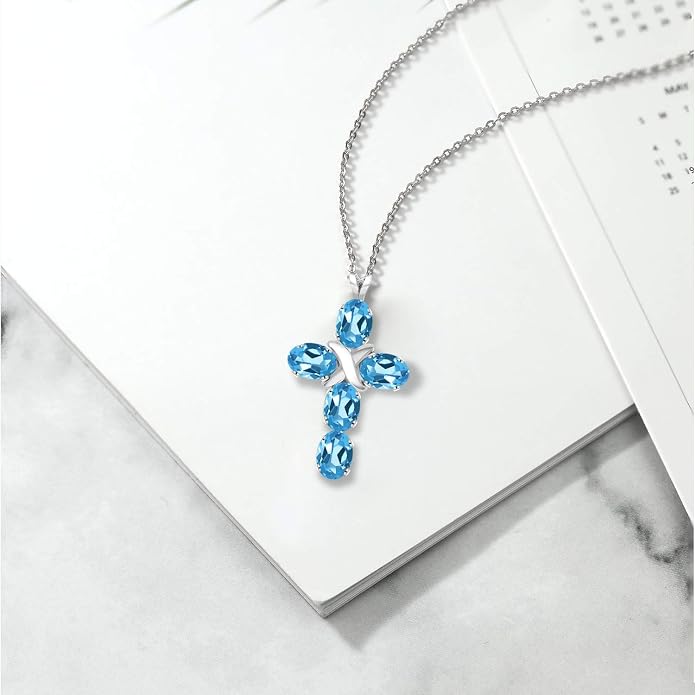 Gem Stone King Cross Pendant Necklace for Women | 925 Sterling Silver | 6X4MM Gemstone Birthstone | Jesus Christian Religious Crucifix Jewelry Gifts | 18 Inch Chain