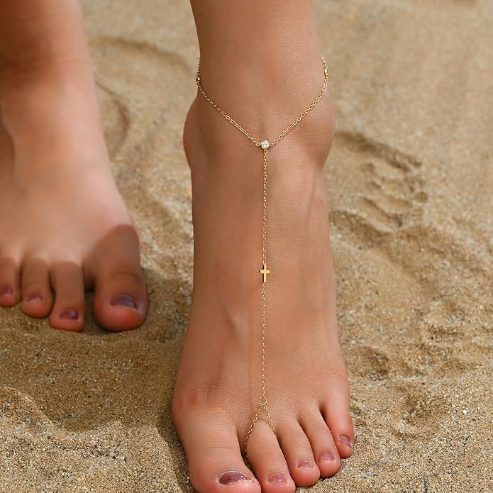 Ankle Bracelets for Women 18K Gold Plated Dainty Pearl Cross CZ Anklets Daisy Moon Star Gold Bead Satellite Cuban Link Chain Waterproof Summer Beach Foot Jewelry