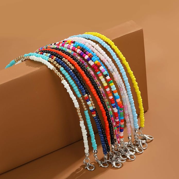 XIJIN 8Pcs Handmade Beaded Anklets for Women Boho Colorful Beads Ankle Bracelets Adjustable Foot Anklet Set