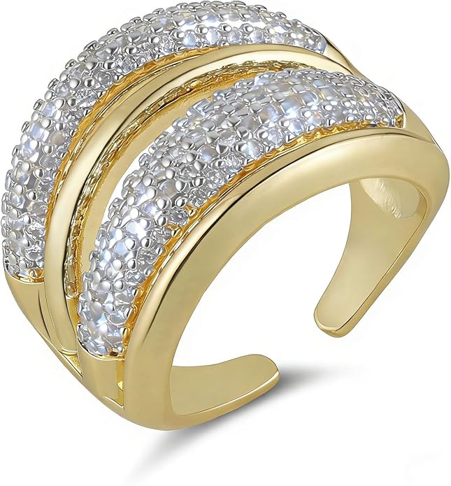 HZMAN 14K Gold Plated Brass Open Ring Collection for Women, Non-Adjustable Crystal Inlay Statement Rings, Wide Band Cocktail Jewelry Assorted Styles