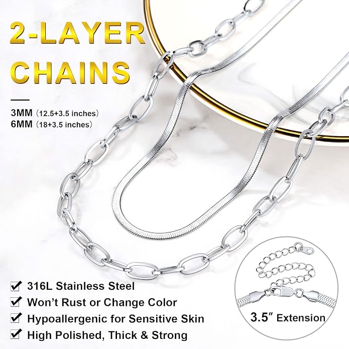 FOCALOOK 14K Gold Plated Necklaces for Women, Fashion Herringbone Choker Necklace Stainless Steel Flat Snake Chain 3/5MM(W) 12.5"/15"/18"+3.5"(L)