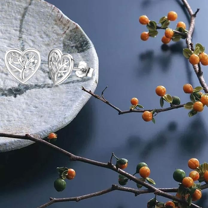Tree of Life Earrings, 925 Sterling Silver Heart Shaped Studs for Women, Hypoallergenic Earrings for Sensitive Ears Gifts for Women with Gift Box…