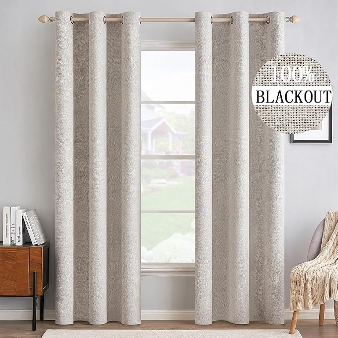 MIULEE 100% Blackout Linen Textured Curtains for Bedroom Solid Thermal Insulated Ivory Grommet Room Darkening Curtains & Drapes Luxury Decor for Living Room 42 x 84 Inch (2 Panels)
