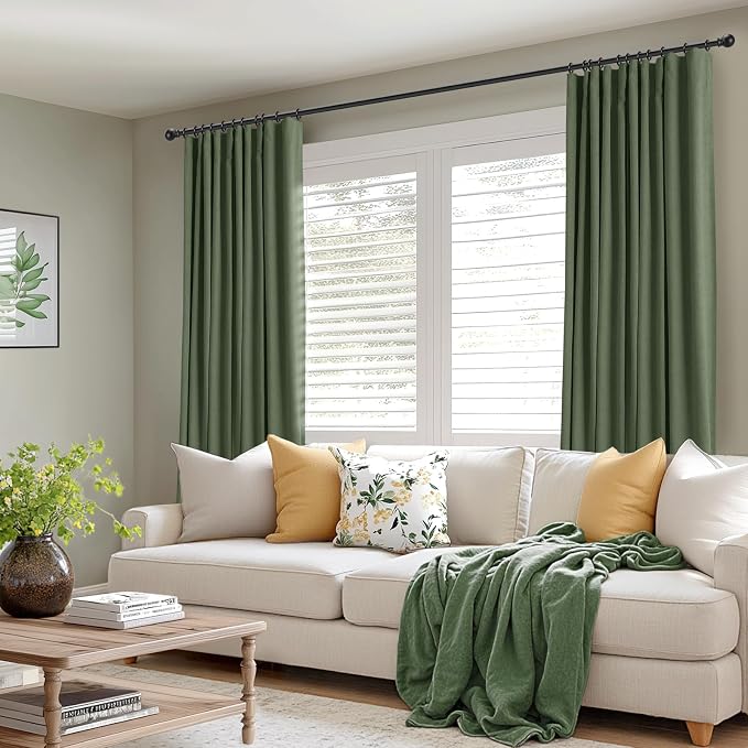 INOVADAY 100% Blackout Curtains for Bedroom, Moss Green Black Out Curtains 108 Inch Long, Clip Rings Linen Blackout Drapes, Thermal Insulated Room Darkening for Living Room, 2 Panels - W50xL108