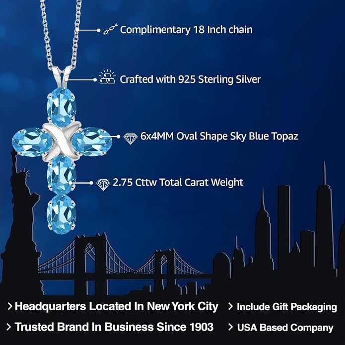Gem Stone King Cross Pendant Necklace for Women | 925 Sterling Silver | 6X4MM Gemstone Birthstone | Jesus Christian Religious Crucifix Jewelry Gifts | 18 Inch Chain