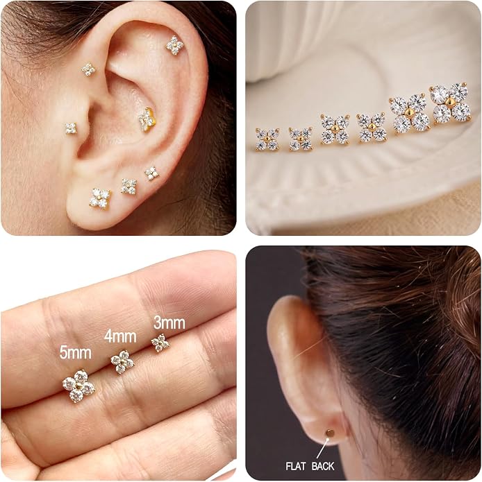 FANSING Short Threadless Cartilage Earring Stackable CZ Birthstone Flat Back Earrings for Women Small Stud Earrings for Tragus Helix Earlobe 18K Gold Plated ‌Rainbow 5.0mm