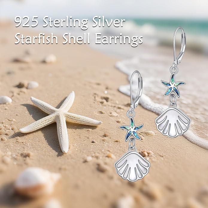 Starfish Shell Dangle Earrings 925 Sterling Silver Abalone Beach Lever-back Drop Earrings For Women Ocean Jewelry Gifts