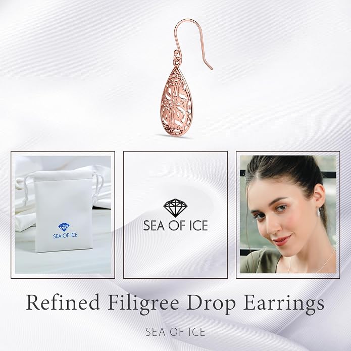 Sterling Silver Tear Drop Dangle Filigree Earrings for Women – boho and Chic Pear Shape Hook Earrings with Thin and Lightweight Hook