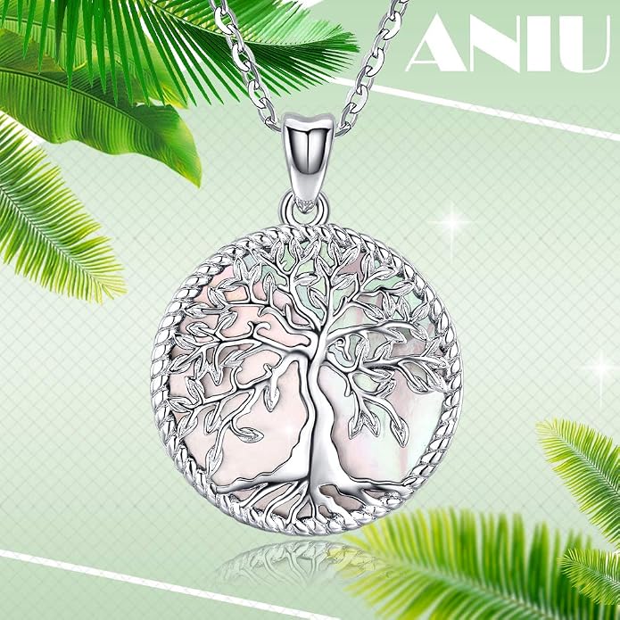 Aniu Tree of Life Necklace for Women, 925 Sterling Silver Mother of Pearl Family Palm Tree Charm Pendant Jewelry for Birthday Christmas Gift