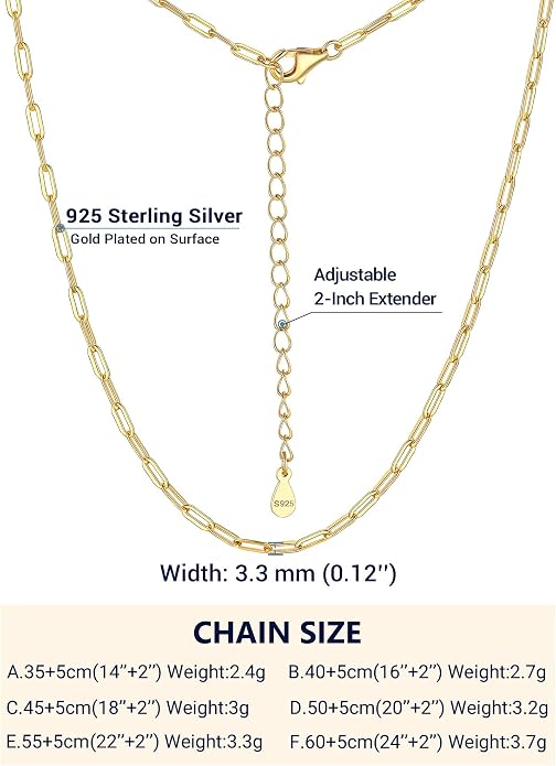 PROSILVER 925 Sterling Silver Paperclip Chain Necklace for Women Jewelry, with Gold/Rose Gold Plated, W: 1.7mm/3.3mm, L: 14"/16"/18"/20"/22"/24", Adjustable, Come with Box
