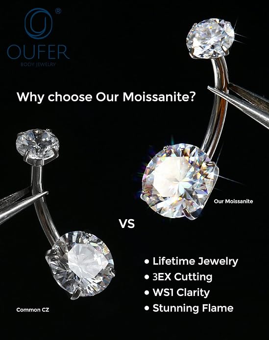 OUFER 14G G23 Titanium Moissanite Internally Threaded Belly Button Ring with Care Kit for Healing,D Color VVS1 Brilliant Cut Stones, Silver/18K Gold Plated Hypoallergenic Navel Piercing Jewelry for Women Men