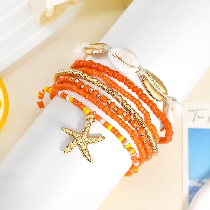 7 Pack Boho Beaded Shell Anklet Bracelets for Women Colorful Stretch Cowrie Seashell Starfish Ankle Bracelet Stack Adjustable Summer Beach Accessories Cute Hawaiian Jewelry