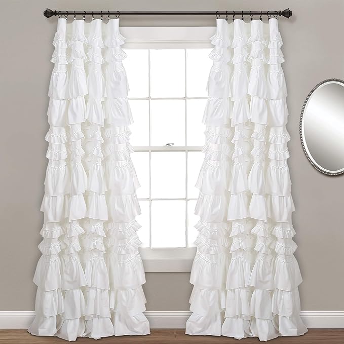Lush Decor Kemmy Light Filtering Window Curtain Panel Single 52" W x 95" L White - Drapes - Ruffled Curtains for Bedroom - White Curtains - Coquette Decor