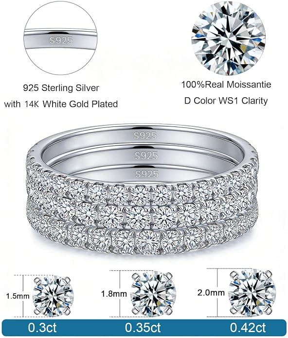 WES 1.5/1.8/2.0mm Moissanite Wedding Band - 925 Sterling Silver Half Eternity Round Stackable Moissanite Engagement Rings Anniversary Wedding Rings for Women, Size 4-11