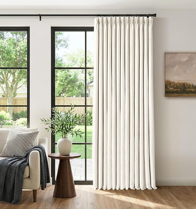 CAPALOCA Natural Linen Pinch Pleated Blackout Curtains for Sliding Glass Door, 100% Black Out Extra Wide Curtains 96 Inch Long, Thermal Insulated Drapes for Living Room, 60" W x 96" L, 1 Panel