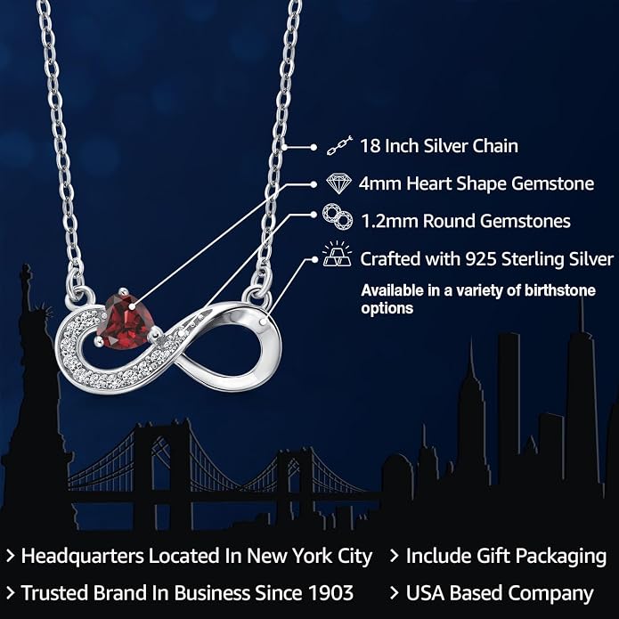 Gem Stone King Infinity Heart Pendant Necklace For Women | 925 Sterling Silver | 4MM Heart Shape Gemstone Birthstone | 18 Inch Silver Chain | Fine Jewelry Gift for Her Mom Women Wife