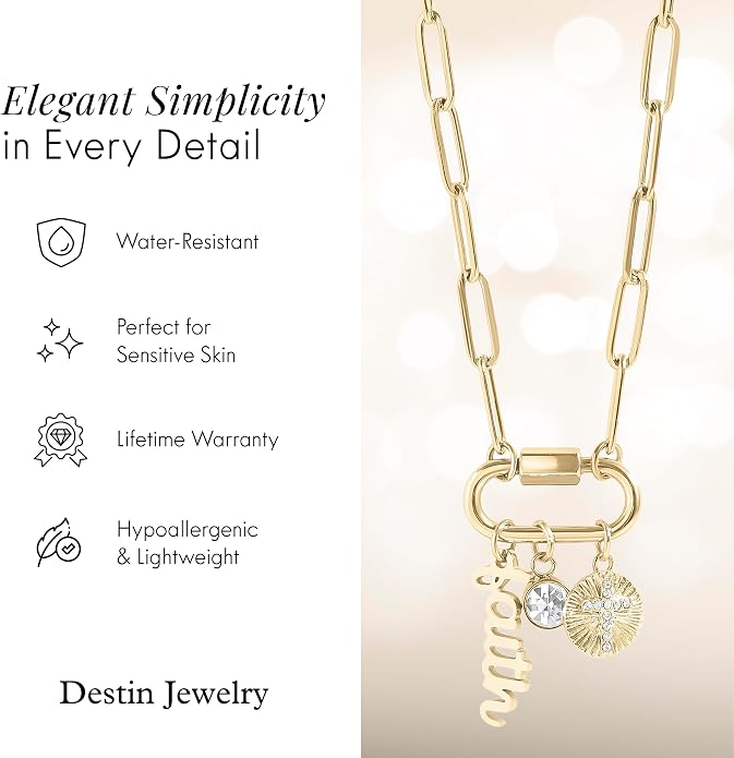 Destin Jewelry 18K Gold PVD Faith Charm Necklace for Women, Chunky Paperclip Chain with Carabiner Charm Keeper and Message, Stainless Steel Necklace 18"+2"