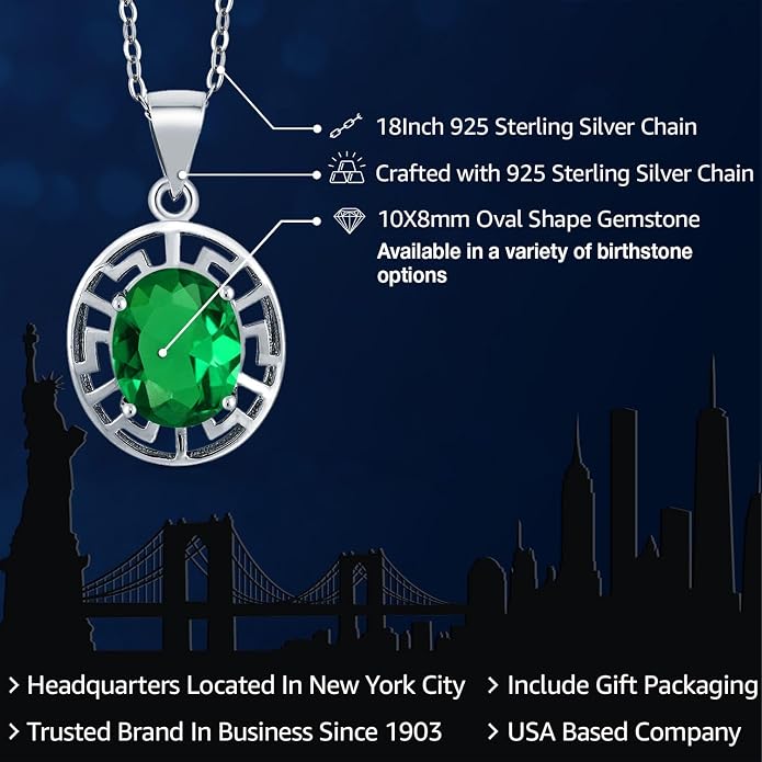 Gem Stone King 925 Sterling Silver 10X8MM Oval Gemstone Birthstone Necklace | Greek Key Pendant Necklace for Women | With 18 Inch Silver Chain