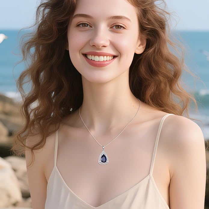 YAFEINI Blue Topaz Necklace Sterling Silver Teardrop Filigree Pendant Necklace September Birthstone Jewelry Gifts for Women