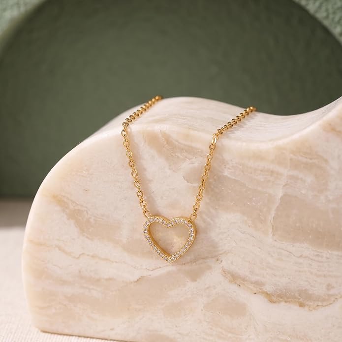 18K Gold Plated Heart Necklace for Women, Dainty Open Heart Pendant Necklace with Cubic Zirconia, Minimalist Delicate Choker Jewelry Gift for Women