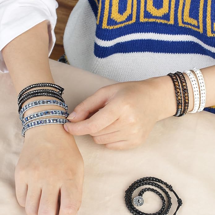 KELITCH Skull 3 Wrap Leather Bracelet Punk Beaded Bracelets Stackable Gothic Bangle Bracelets