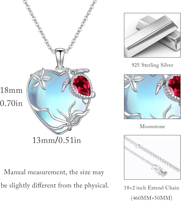 Sea Turtle/Seaweed Necklace for Women 925 Sterling Silver Heart of the Ocean Moonstone Pendant Necklace Turtle Moonstone Jewelry Gift for Wife Mom
