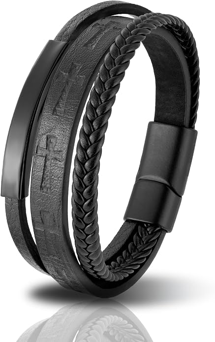 Mens Leather Cross Bracelet Multilayer Braided Wristband Bangle Bracelets with Stainless Steel Buckle Religious Gift for Men Brown/Black/Blue–8.3 inch
