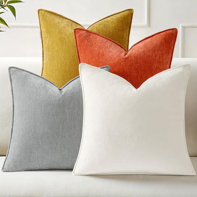 decorUhome Set of 4 Chenille Throw Pillow Covers 16x16(Cream/Rust) | Couch Decorative Soft Neutral Pillow Covers with Elegant Design for Living Room Bed Sofa
