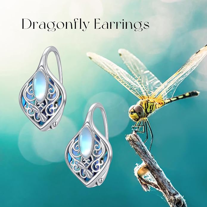 Moonstone Abalone Shell Earrings 925 Sterling Silver Dragonfly/Hummingbird/Butterfly/Lotus/Filigree Hoop Leverback Earrings Jewelry Gifts for Women