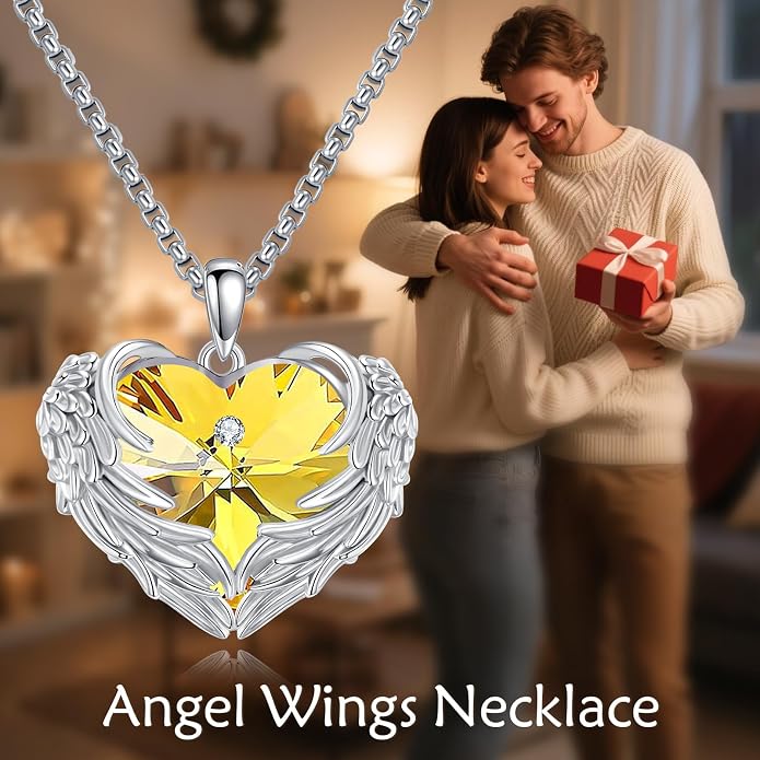 Angel Wings Necklace for Women 925 Sterling Silver Birthstone Guardian Necklace Jewelry Angel Wings Moonstone, Crystal Pendant Jewelry Gifts