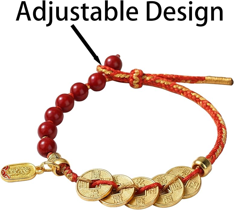 Feng Shui Cinnabar Bracelet - Five Emperor Coins Wealth Amulet - Red String Protection Jewelry for Women & Men - Good Luck Money Coin Beaded Adjustable Gift