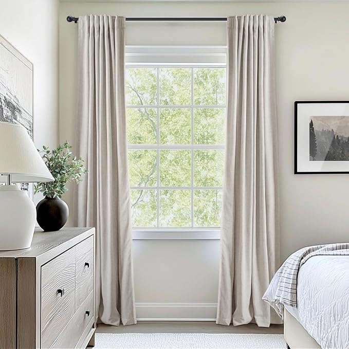 INOVADAY 100% Blackout Curtains for Bedroom, Black Out Curtains 63 Inch Long, Clip Rings Linen Blackout Drapes, Thermal Insulated Room Darkening for Living Room, 2 Panels - Beige,W50xL63