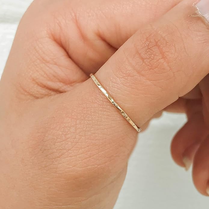 Ellie J Maui Hammered Ring, 1mm Thin Stacking Rings, Minimalist Rings for Women, 14K Gold Filled Rings for Teen Girls Midi Knuckle Pinky Finger Jewerly (Size 3-11)