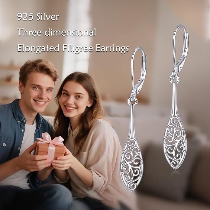 925 Sterling Silver Leverback Earrings Vintage Filigree Dangle Drop Earrings Jewelry Birthday Gifts for Women