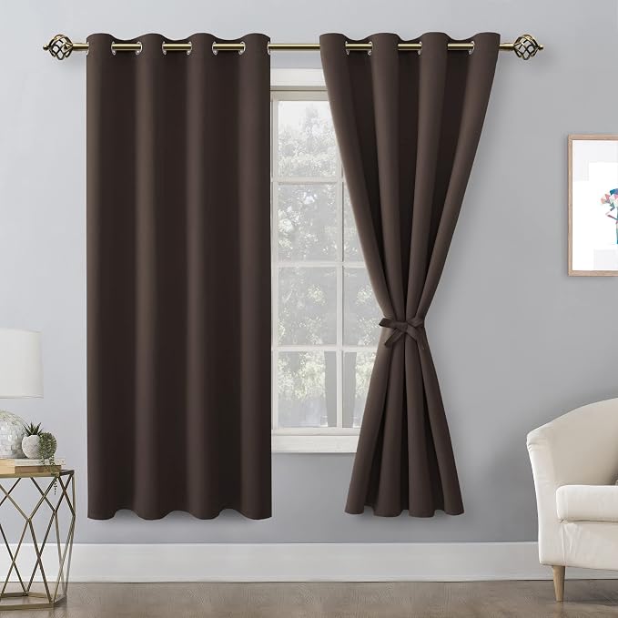 Hiasan Blackout Curtains for Bedroom, 52 x 63 Inches Length - Thermal Insulated & Light Blocking Window Curtains for Living Room, 2 Drape Panels Sewn with Tiebacks, Brown