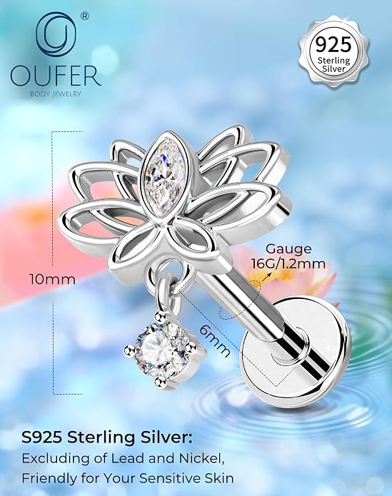 OUFER Silver Flat Back Earrings-16G Gold Forward Helix Piercing Jewelry, Internal Thread Clear CZ Pendant Helix Cartilage Tragus Conch Lobe Piercing Jewelry