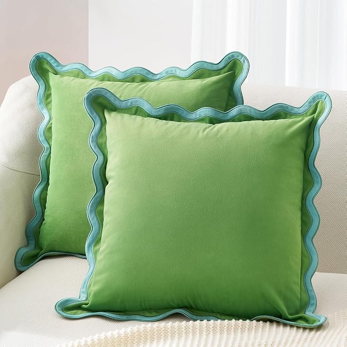 MONDAY MOOSE Decorative Throw Pillow Covers Cushion Cases, Set of 2 Soft Velvet Scalloped Wavy Edge Designs, Pillow Inserts Not Included (22x22 inch, Light Green/Light Blue)
