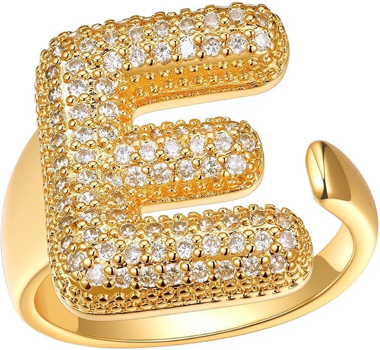 FindChic Initial Ring for Women, Gold Plated Chunky Letter Rings Open Adjustable Trendy Sparkling Cubic Zirconia Personalized Statement Rings Jewelry Gift