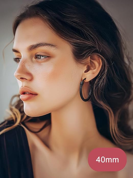 FOCALOOK 14K Gold Plated Hoop Earrings, Lightweight Hypoallergenic Large Stainless Steel Black Hoops Earrings for Women 20/30/40/50/60/70/80mm