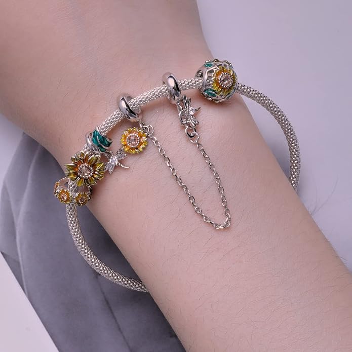 NINGAN 925 Sterling Silver Charm Golden Love Charm Buckle Safety Chain Travel Bead Firefly Dragonfly Pendant, Suitable for Women Bracelet and Necklace as Gift from Mom and Friends