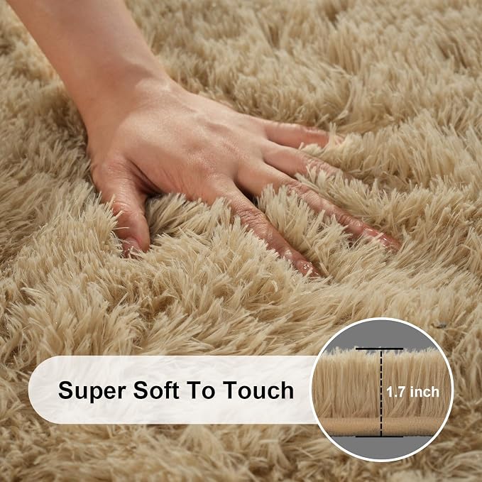 2x3 Rugs for Bedroom, Fluffy Area Rugs for Living Room, Small Fuzzy Shag Soft Carpet with 4 Non-Slip Adhesive Strips for Kids Boys and Girls Nursery Dorm Room Home Decor (2ft X 3ft, Light Tan)